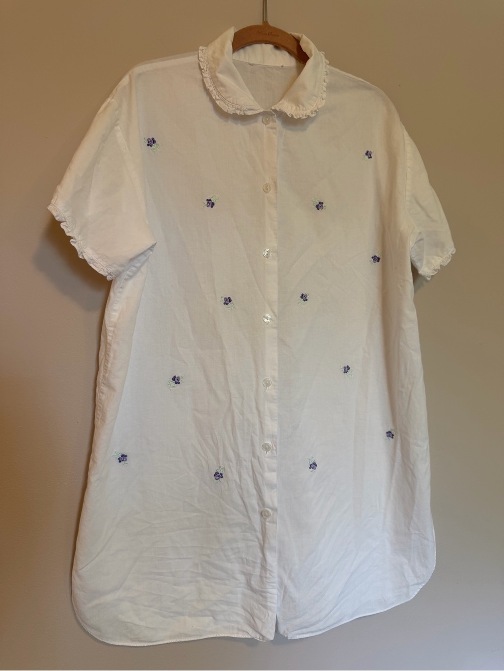 White Button-Up Nightshirt with Purple Floral Embroidery
